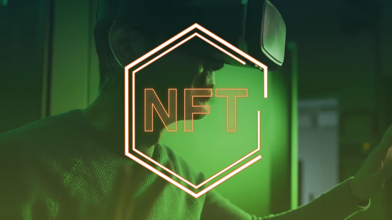 Animation of nft text over asian male worker with vr headset in server room