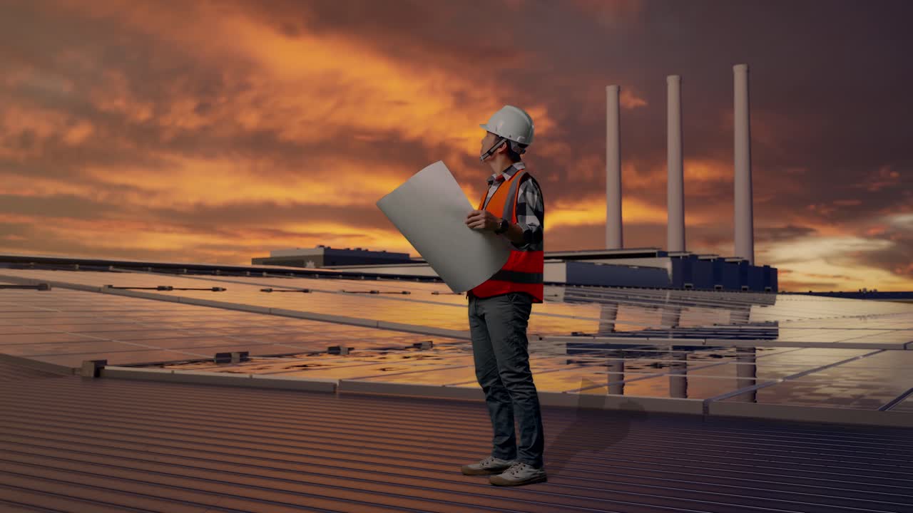 Tampak Samping Seluruh Badan Insinyur Pria Asia dengan Helm Keselamatan Melihat Cetak Biru di Tangannya dan Melihat Sekeliling Sambil Berdiri, Memeriksa Panel Surya di Atap Saat Matahari Terbenam