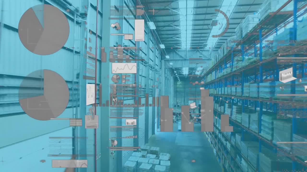 Animation of statistical data processing against aerial view of a warehouse