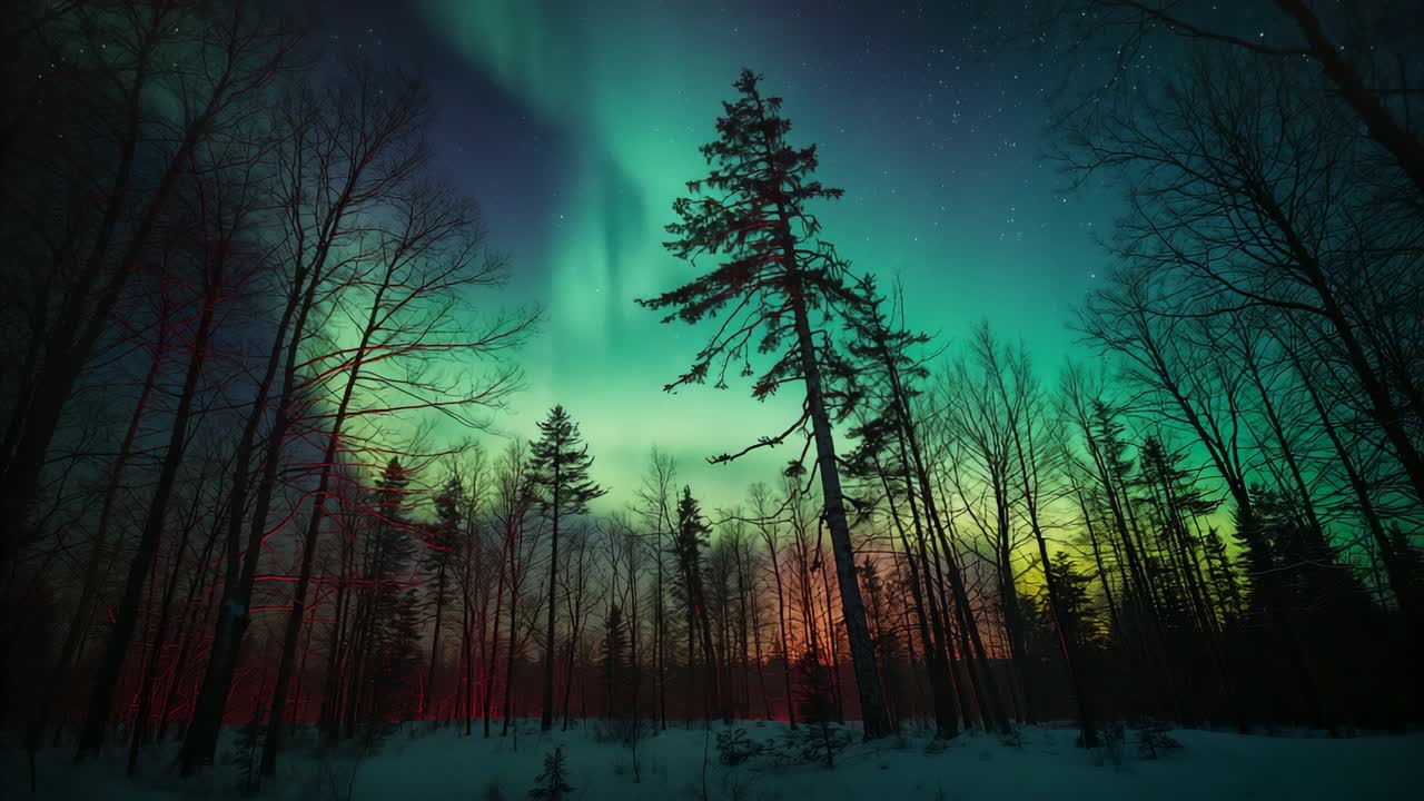 Glow emerging above pine tree initiating aurora borealis shifting and pulsating over snowy clearing