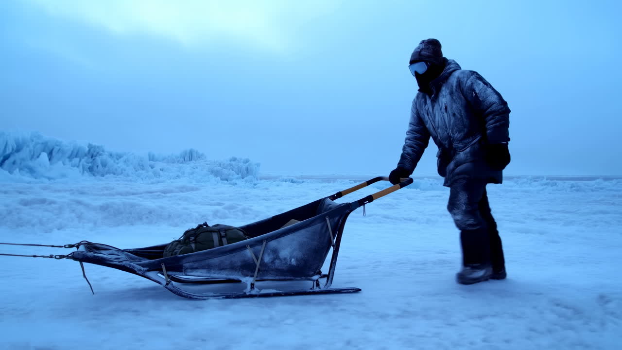 Mand trækker slæde over iset tundra i den blå time, pakket ind i tyk parka og handsker, trækker træslæde.