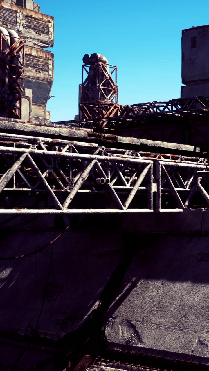 Old industrial site with weathered structures and clear blue sky