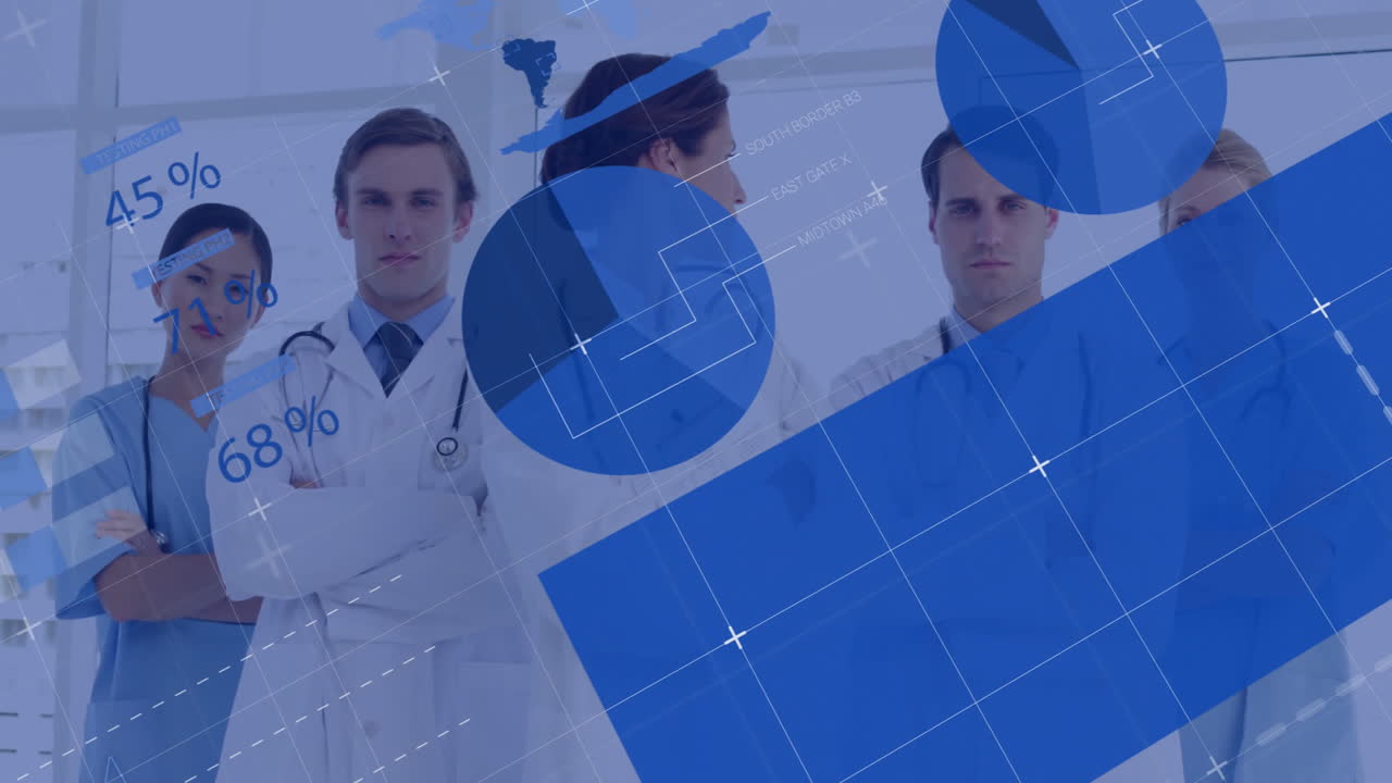 Profissionais médicos em discussão com animação de processamento de dados sobreposta à cena.