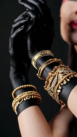 hands in black gloves adorned with ornate gold bracelets