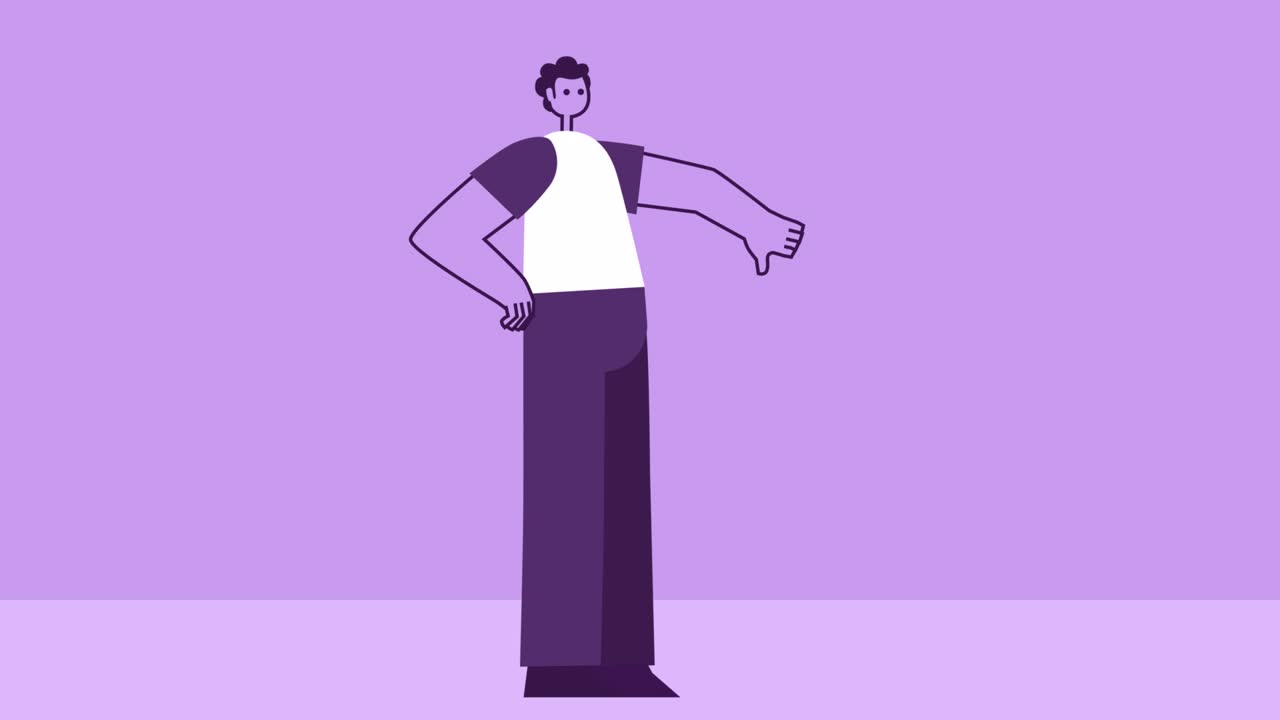 hombre de estilo púrpura personaje plano pulgar hacia abajo no me gusta gesto de rechazo animación de bucle aislado con canal alfa
