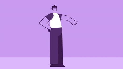 purple style man flat character thumbs down dislike reject gesture. isolated loop animation with alpha channel