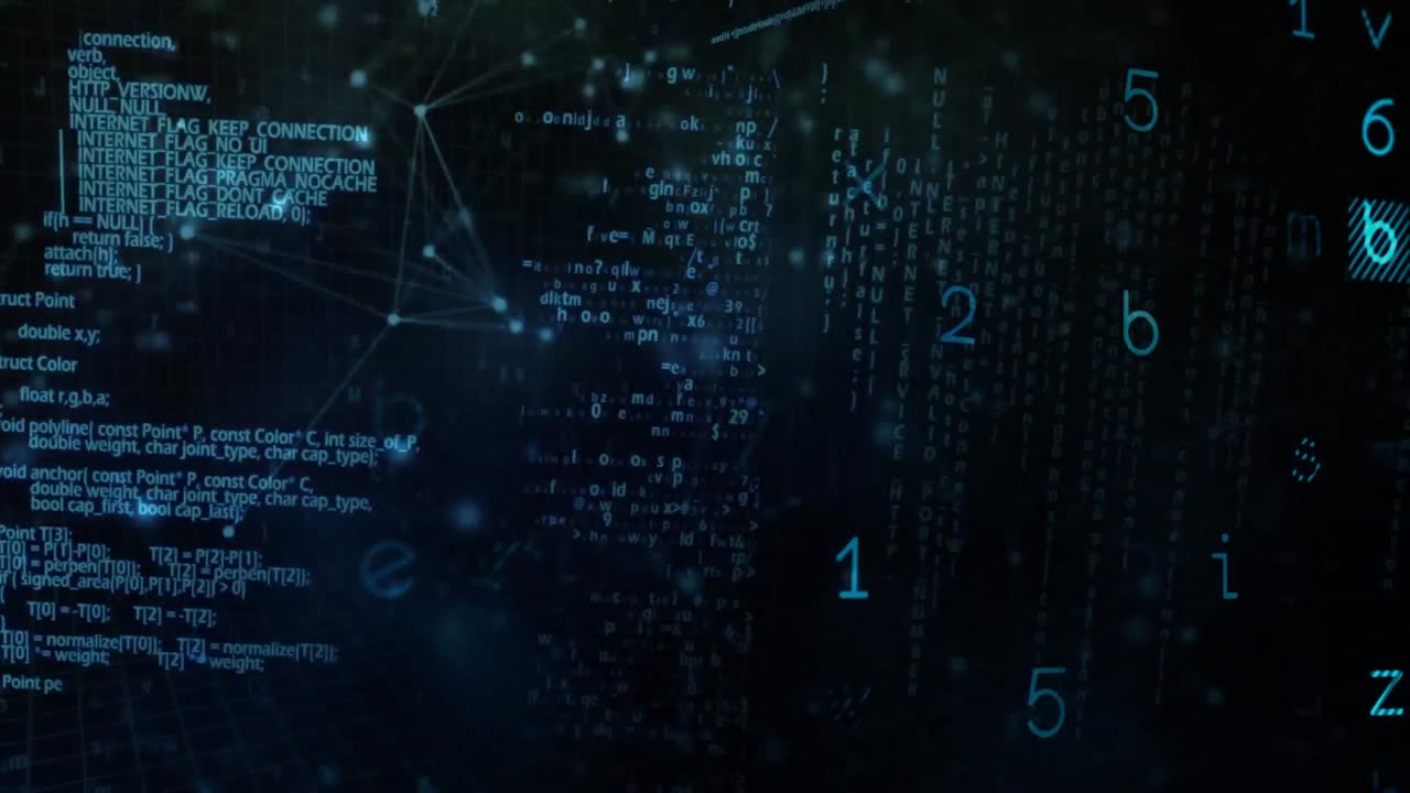 Animation of network of connections and data processing on black background