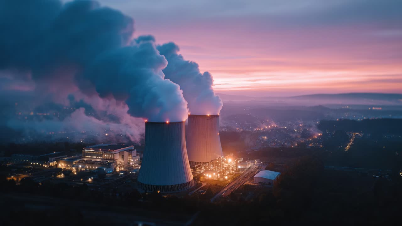 Vista aerea di una centrale elettrica industriale al tramonto con torri di raffreddamento che emettono vapore contro un cielo colorato, immortalando l'impatto ambientale e la produzione di energia.