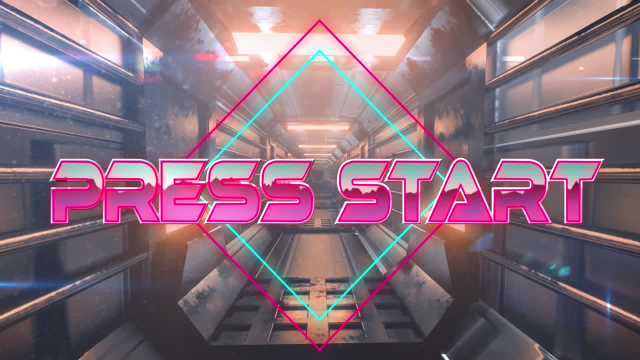 이동하는 디지털 터널 위에 프레스 시작 텍스트의 애니메이션