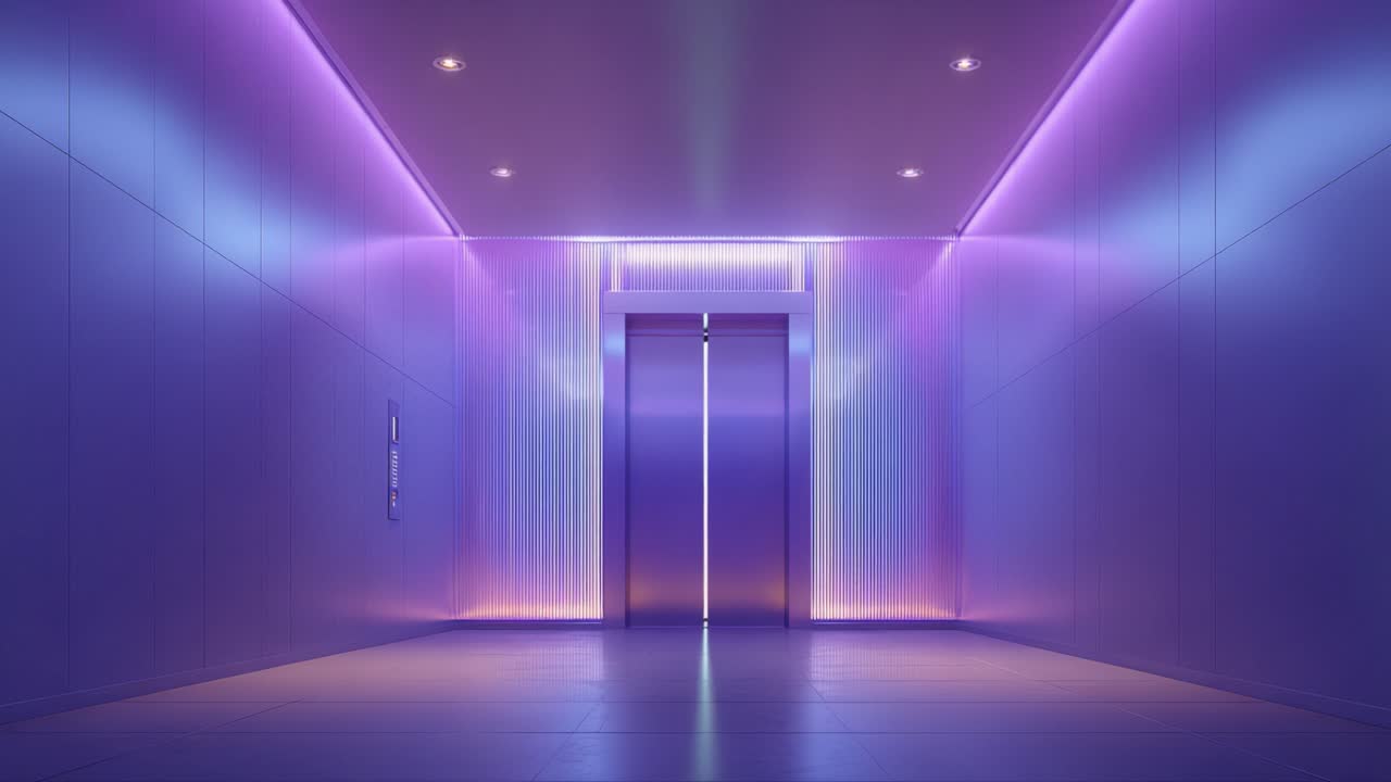 Metallic elevator doors opening in a futuristic hallway with purple and cyan neon lights, revealing a bright white void symbolizing opportunity, success, or a new beginning in a modern interior