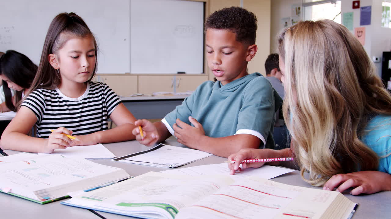 Three pupils working on a project in elementary school class
