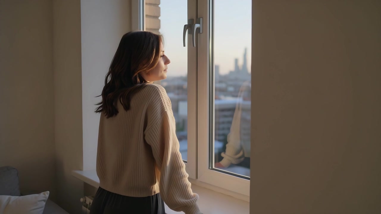 Mujer de pie con tejido beige, apoyada en el alféizar del apartamento, con luz dorada iluminando su cabeza inclinada, contemplando el horizonte.