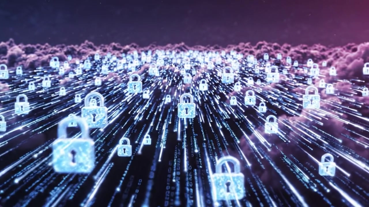 A Digital Landscape of Security: Exploring the Immense Cloud of Cyber Protection Through Floating Lock Icons and Data Streams