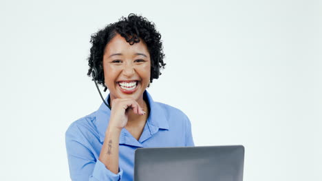 Mujer,-Computadora-Portátil-Y-Cara-Con-Una-Sonrisa-Para-Call-Center