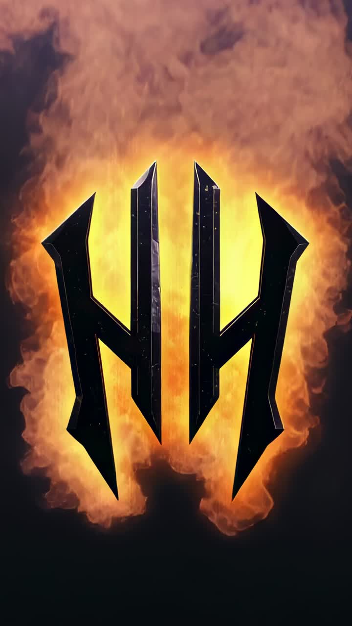 Vertical video: Flickering ember igniting four-pronged emblem on gradient, wild flame and smoke