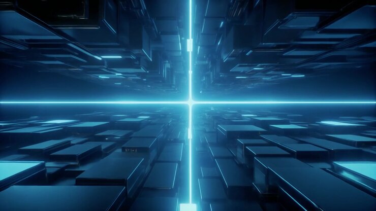 Tunnel digitale astratto con cubi geometrici blu luminosi