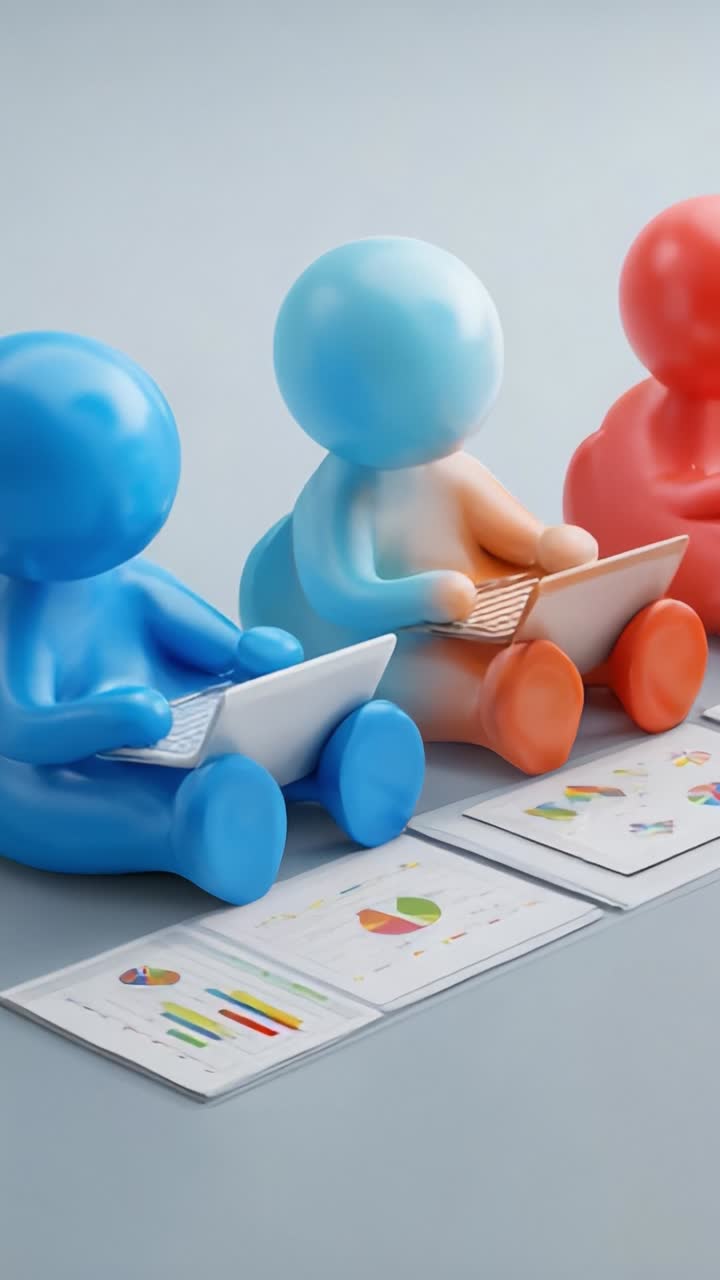 Colorful abstract figures engaged in analysis, using laptops and analyzing graphics with reports showcasing data visualizations in an artistic setting