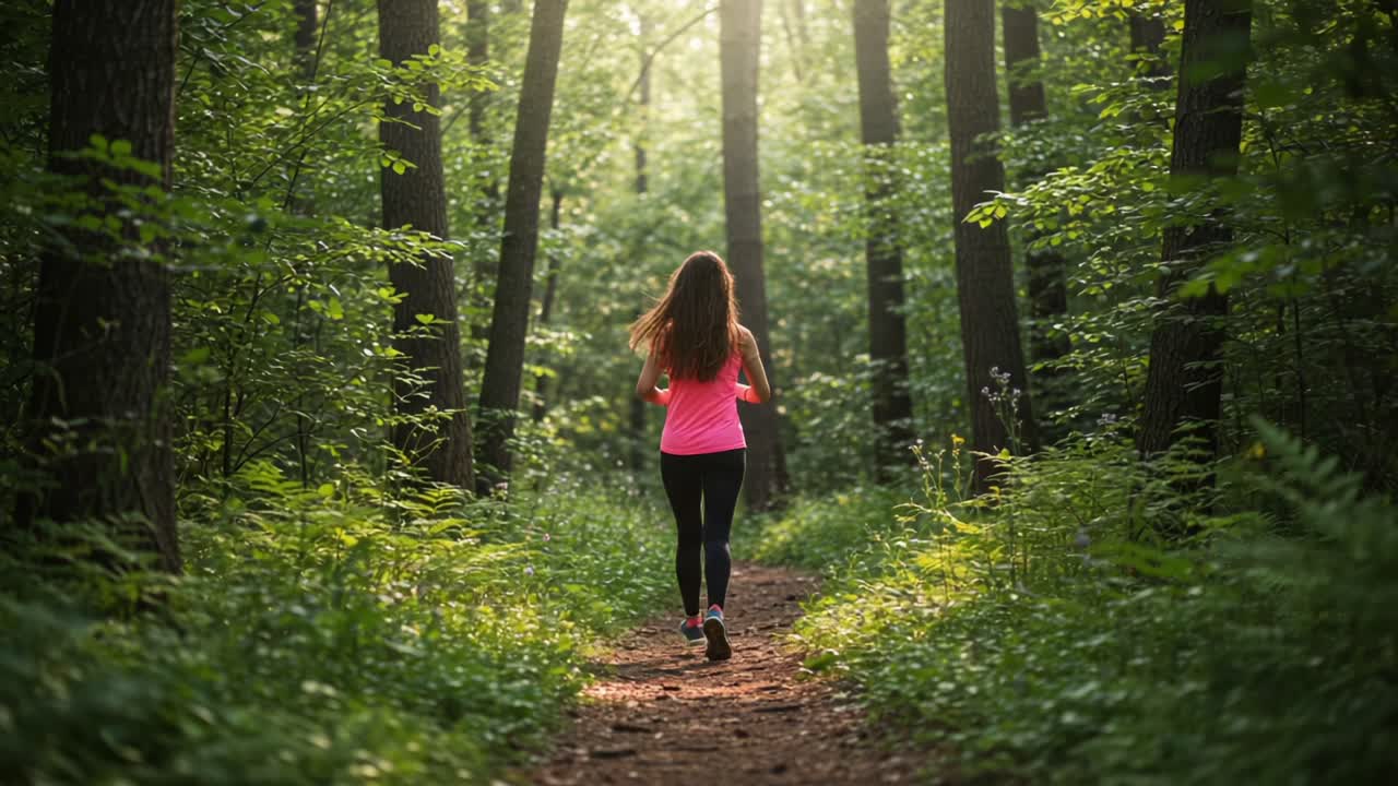 A Motivated Runner Jogging Through a Lush Green Forest Path, Embracing Nature's Serenity and the Joy of Outdoor Exercise in the Morning Light
