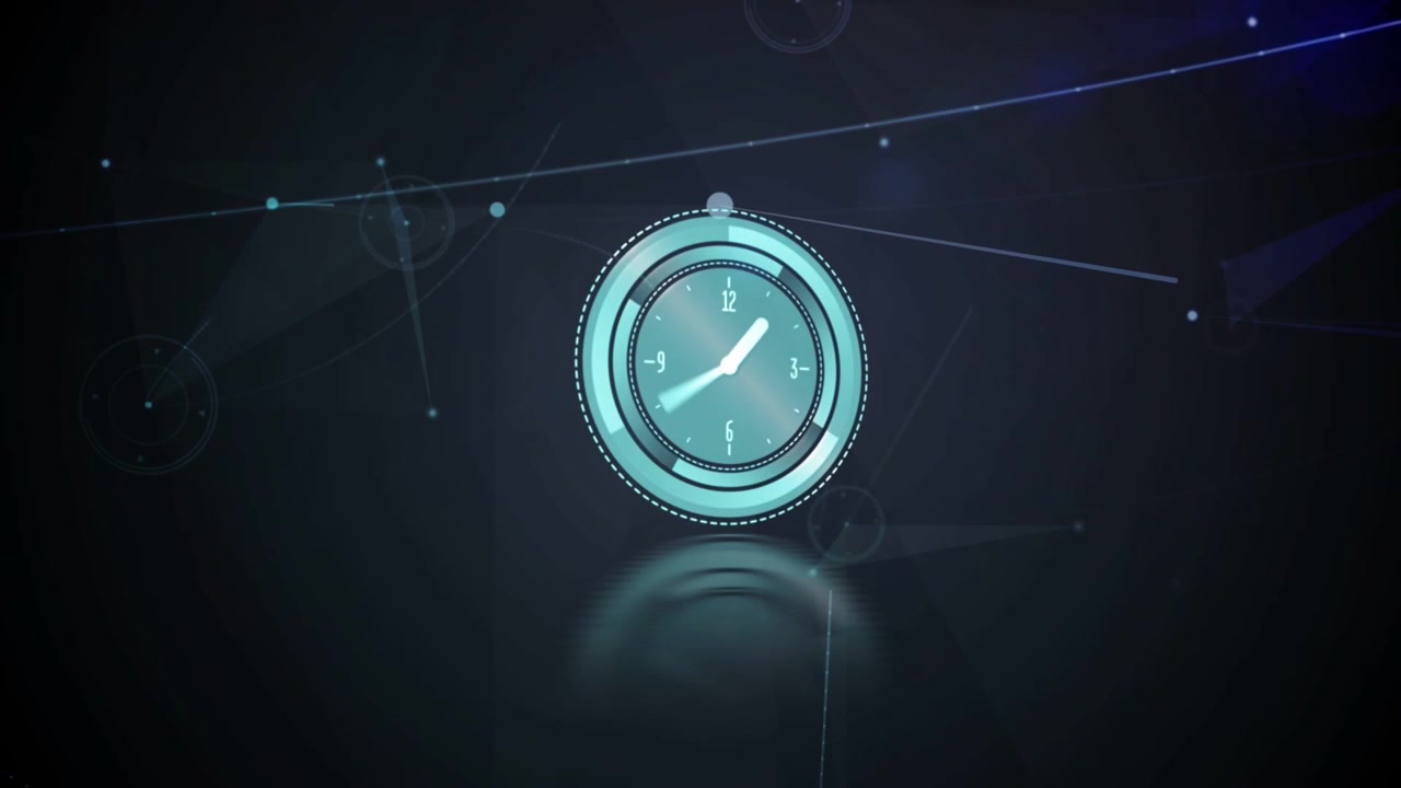 Teal clock appearing, rings pulsing, hands advancing, mesh drifting, flare rising for tech outro