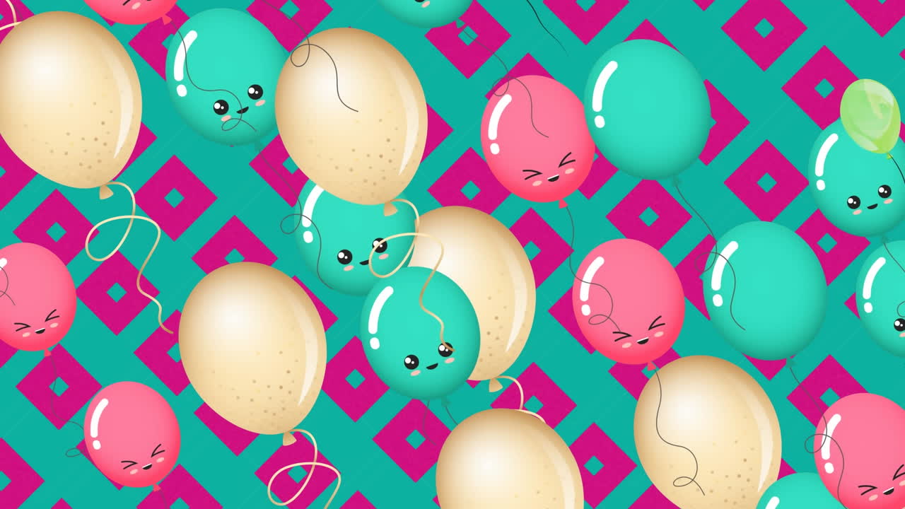 animación de globos coloridos que vuelan sobre formas geométricas sobre un fondo azul