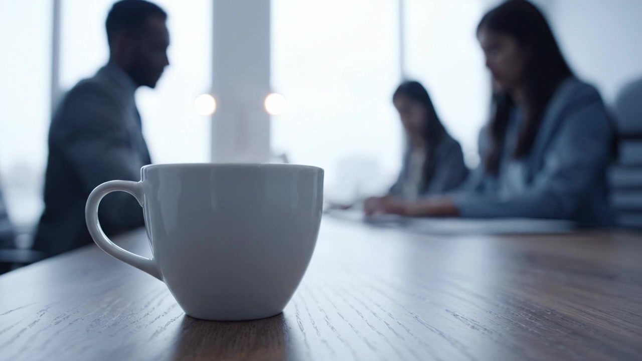 Uma Xícara de Café em Foco em uma Atmosfera de Reunião Profissional: Enfatizando Conexão e Colaboração Entre Colegas em um Ambiente de Escritório