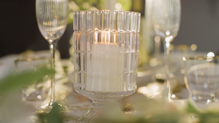 Close Up Of Candles Flowers And Glasses On Table Set For Meal At Wedding Reception In Restaurant 1