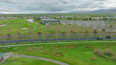 Aerial-with-a-Cloudy-Day-over-Lake-Park-Boulevard-in-West-Valley-City-Utah---Lateral-and-Tilt-Up-Movement