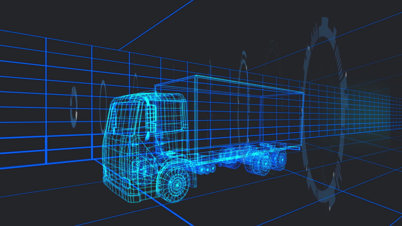 Neon blue wireframe semi-truck trailer rotating in 3D grid with holographic gear and chart overlays