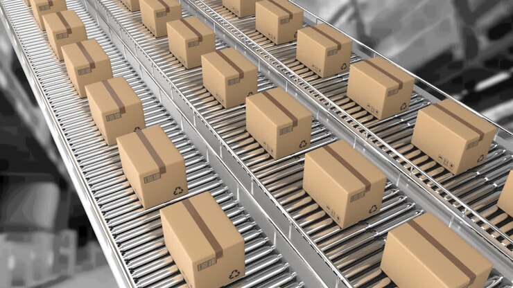 Animation of cardboard boxes moving on conveyor belts over warehouse