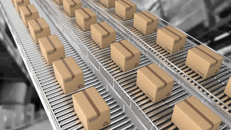 animation of cardboard boxes moving on conveyor belts over warehouse