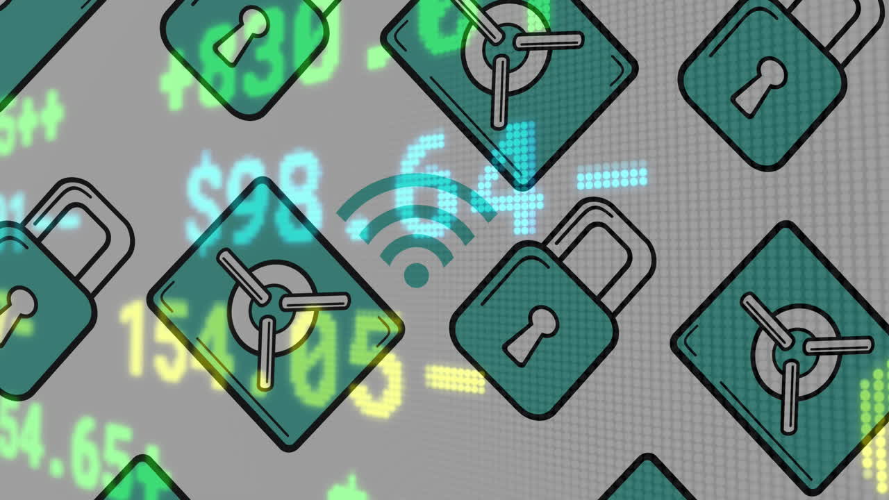 animación del procesamiento de datos financieros con iconos de seguridad en línea
