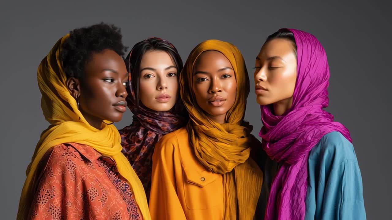 Mulheres diversas posando com lenços de cabeça coloridos em estúdio