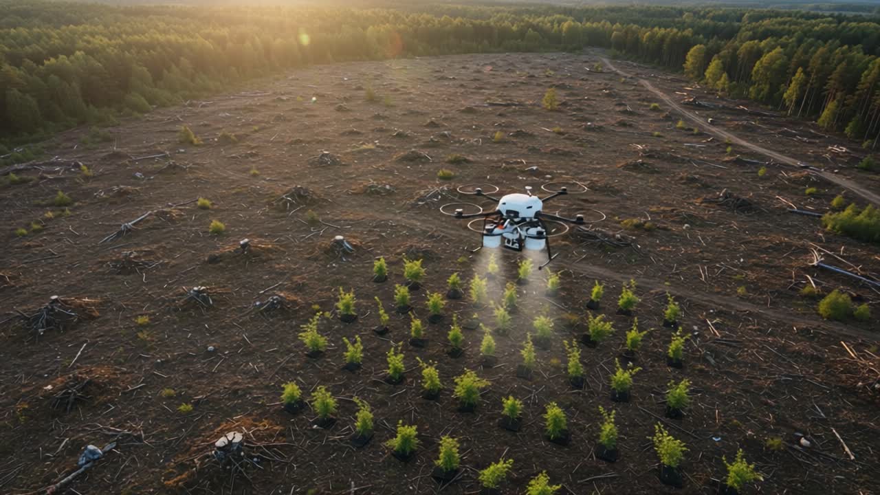 Aerial View of Reforestation Effort: Drone Spraying Trees in Recently Cleared Forest Area for Ecological Restoration and Environmental Recovery