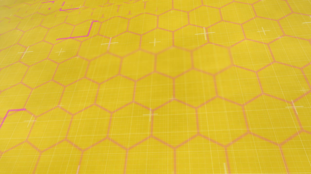 animación de líneas brillantes rojas en una red de hexágonos sobre fondo amarillo