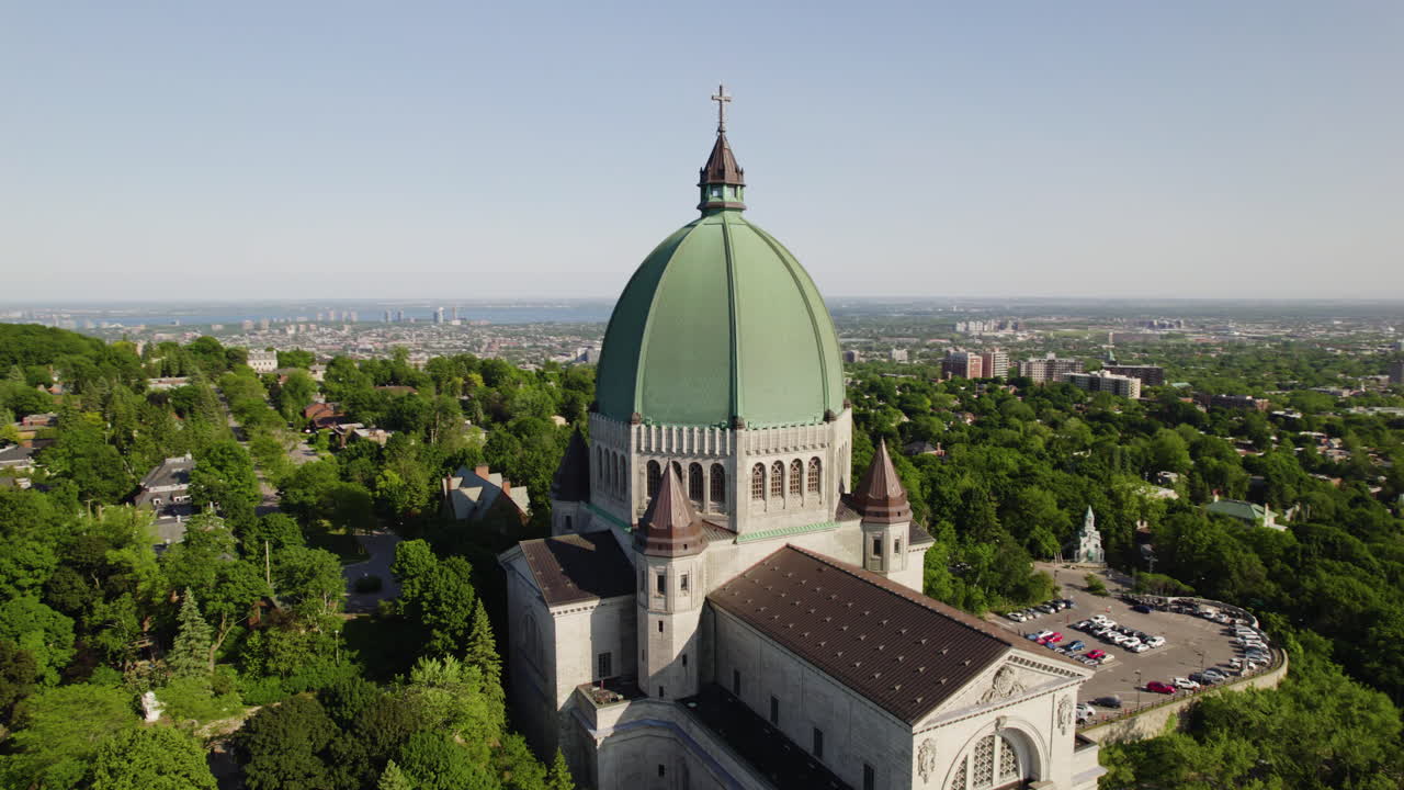 Aerial view around the Saint Joseph's Oratory of Mount Royal in sunny Montreal