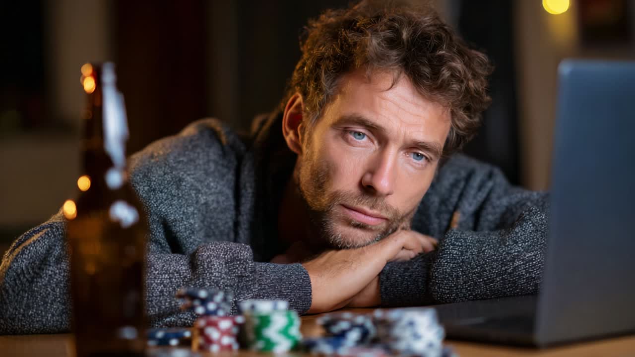 A contemplative man gazes thoughtfully at his computer screen, surrounded by poker chips and a beer bottle, reflecting the tension and anticipation that often accompanies online gambling sessions