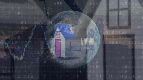 animation of globe, binary coding data processing over house