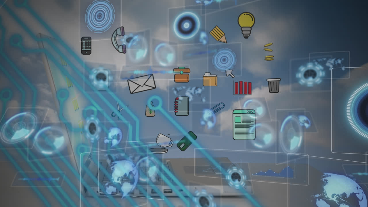 노트북과 디지털, 컴퓨터 아이콘을 통해 일하는 사업가의 손이 구름 위로 이동합니다.