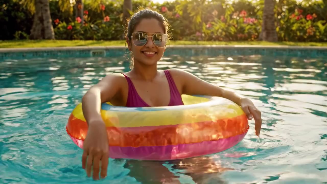 A Serene Evening by the Pool: Relaxing in a Colorful Float, Enjoying the Tranquility of Water and Nature Under a Warm Sunset Glow