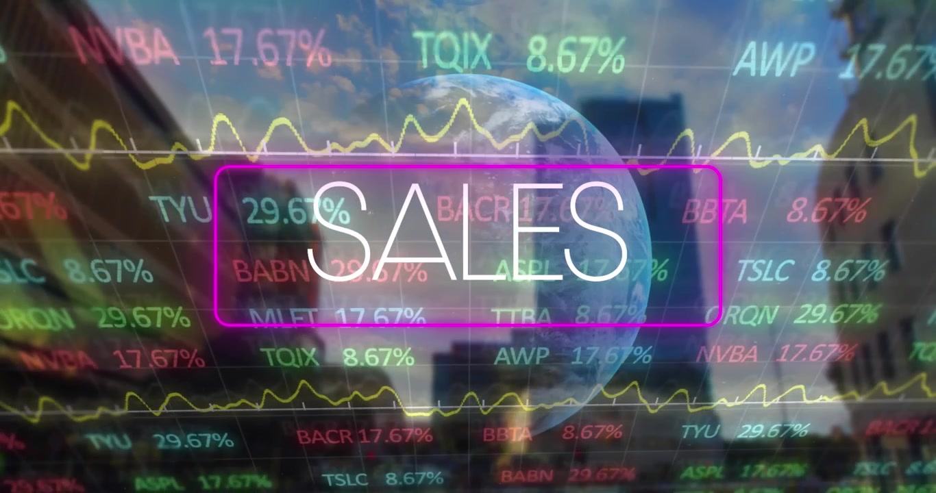 Animation af neonsalg og finansielle data over skyskrabere