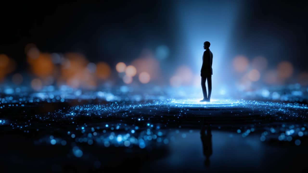 A solitary figure stands illuminated in a cosmic environment, surrounded by a stunning array of glowing particles, creating a serene and mystical atmosphere