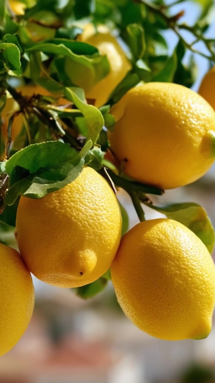 Un raccolto abbondante di limoni freschi appesi a un ramo d'albero verde vibrante contro un cielo azzurro brillante in un frutteto soleggiato