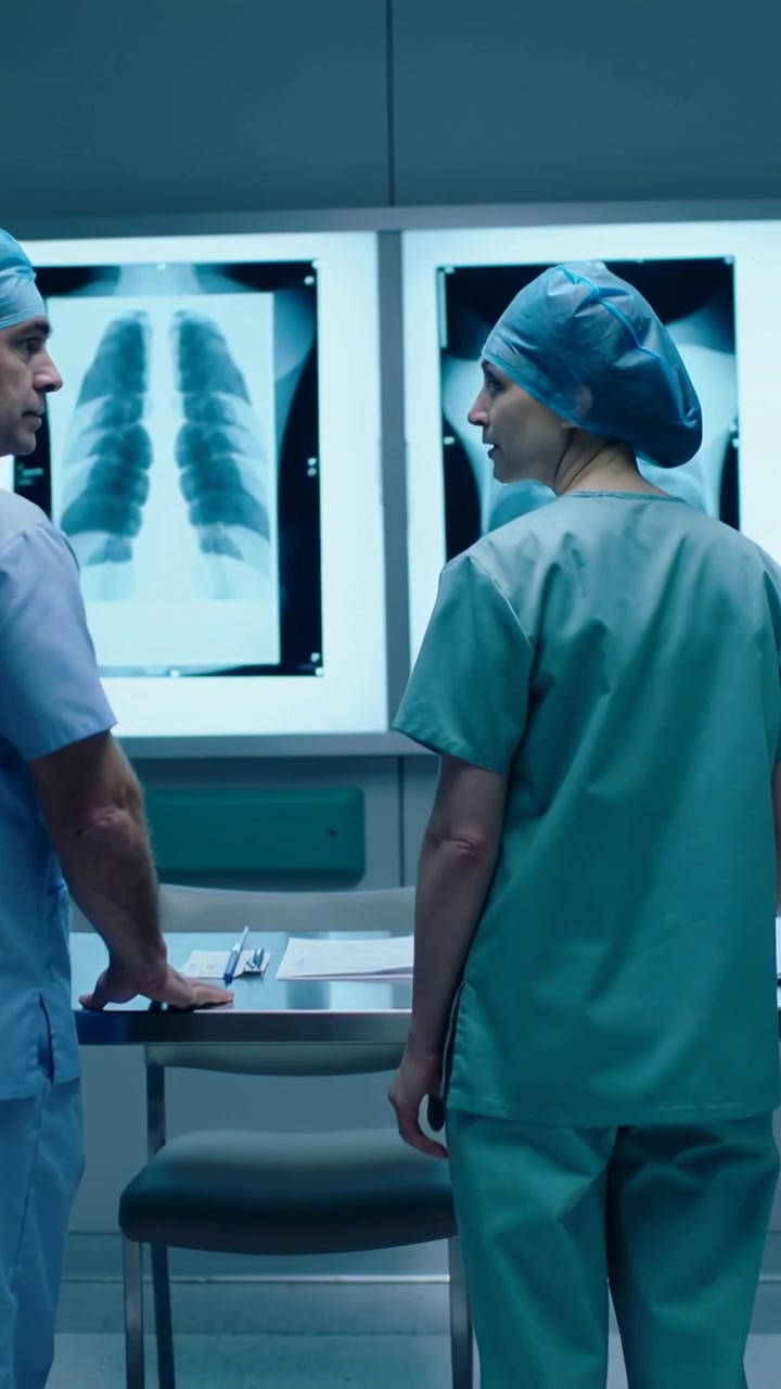 Vertical video: Lightbox cueing two staff in scrubs viewing chest X-rays at clinic to read films