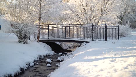 static shot of a black bridge with small river flowing underneath and a snowy backdrop