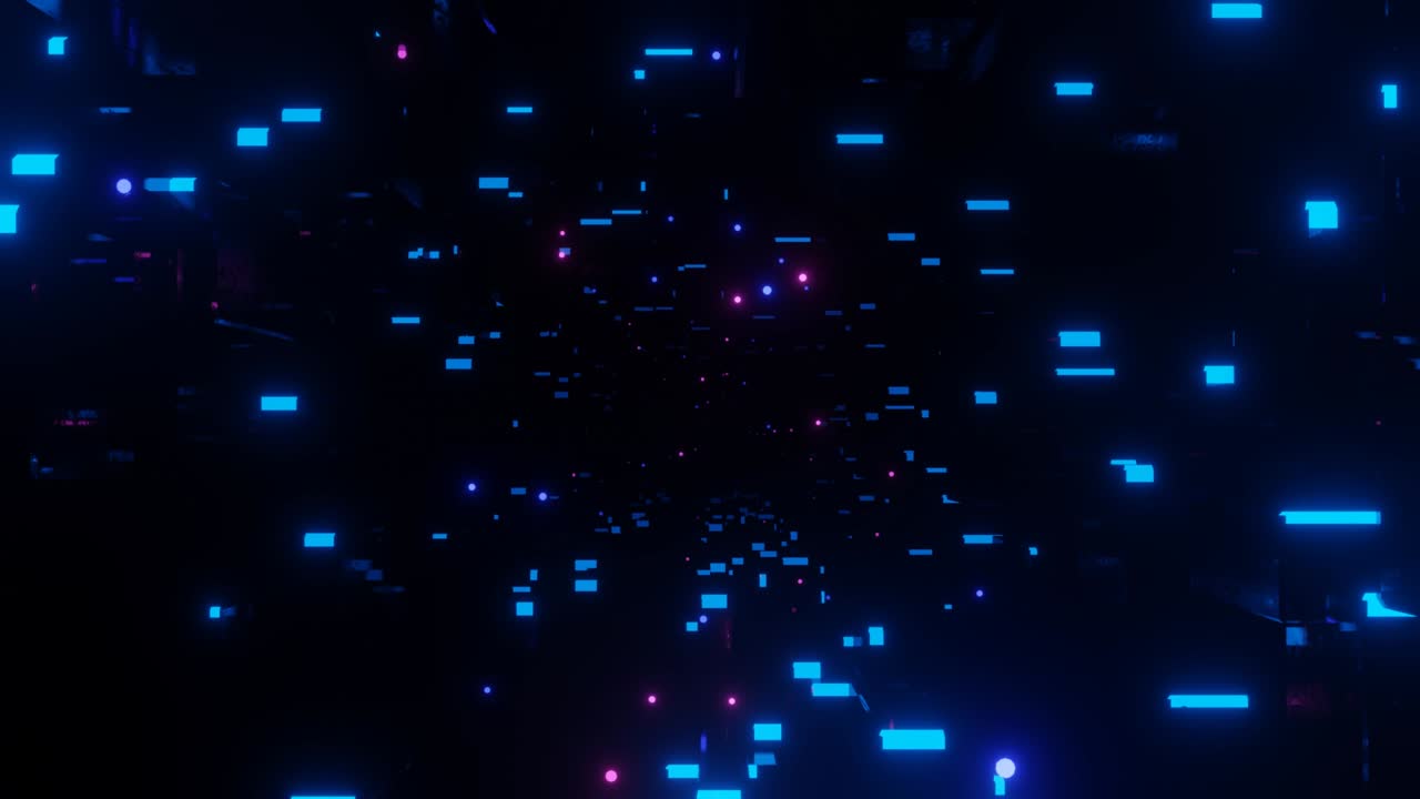 Data flow. Big data or blockchain digital space. Fly through hi-tech futuristic environment or neon tunnel, complex sci-fi structure. 3d seamless background in 4k. Information stream concept. Cubes