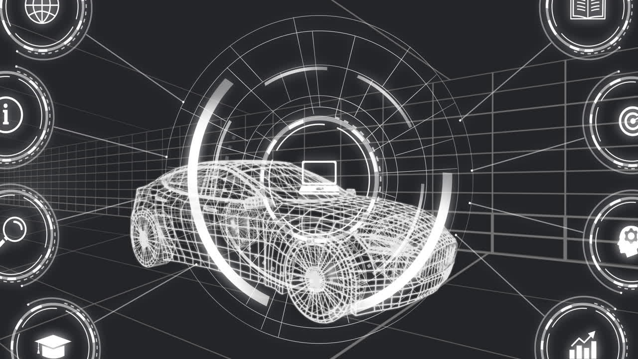 animación del icono del portátil en los círculos de carga y diagrama de flujo de iconos sobre el modelo 3d del coche