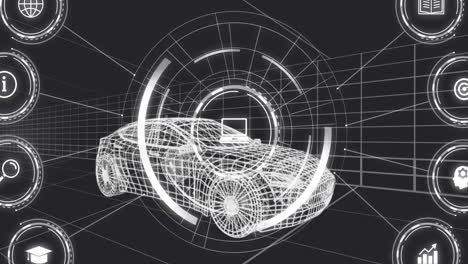 로딩 서클에서 노트북 아이콘의 애니메이션 및 자동차의 3d 모델에 대한 아이콘의 플로우 차트