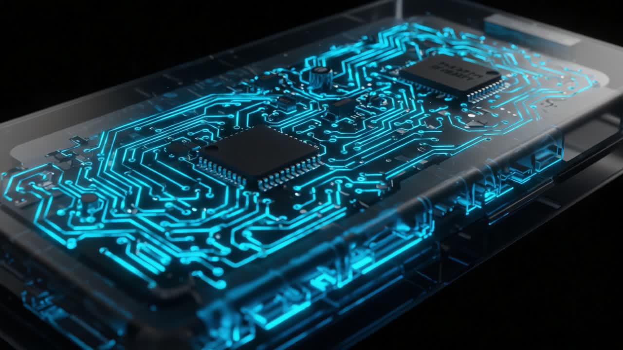 A Close-Up View of a Glowing Circuit Board with Intricate Designs and Chip Components, Illustrating Advanced Technology in a Futuristic Context