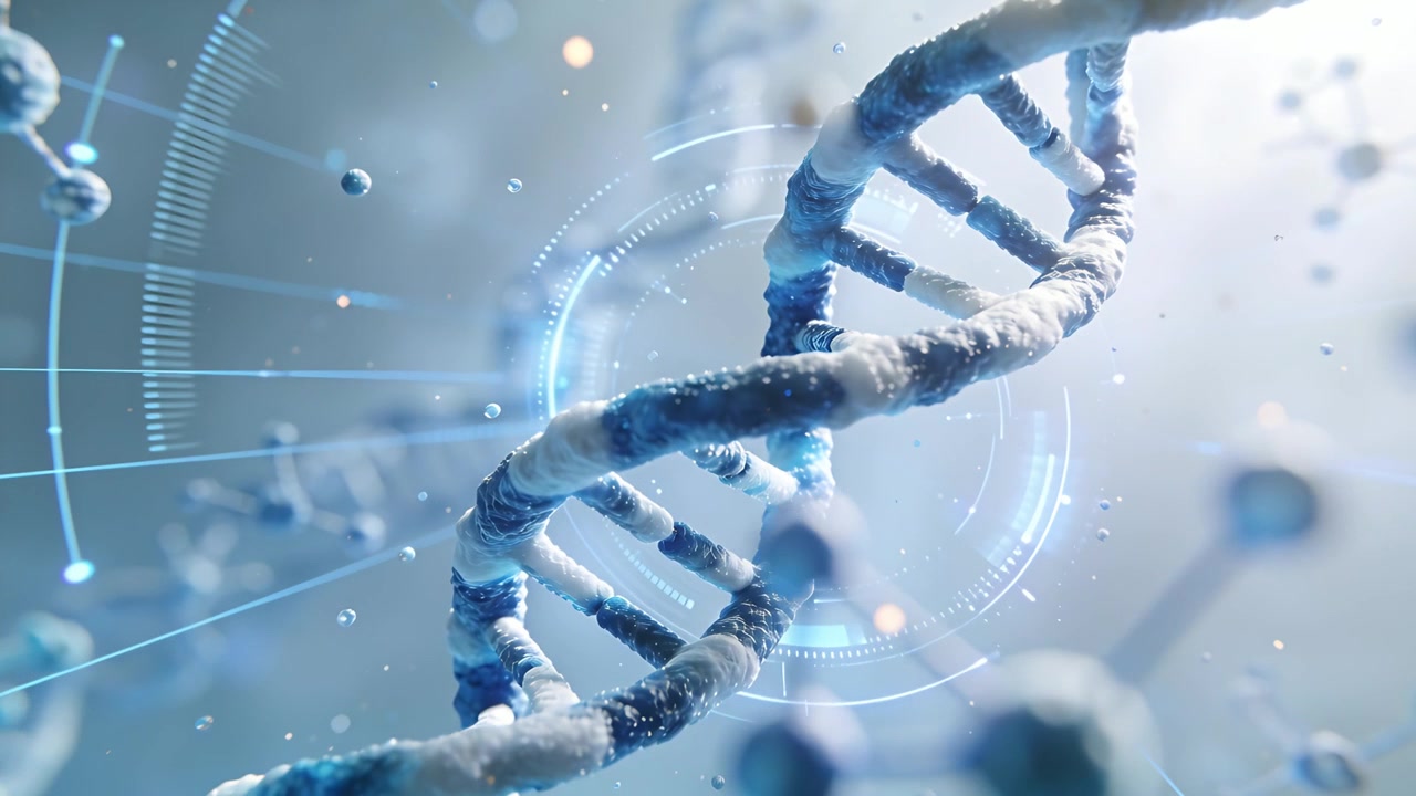 Avvio riproduzione, elica di DNA testurizzata che ruota e fluttua in una visualizzazione biotecnologica, HUD che si allinea.