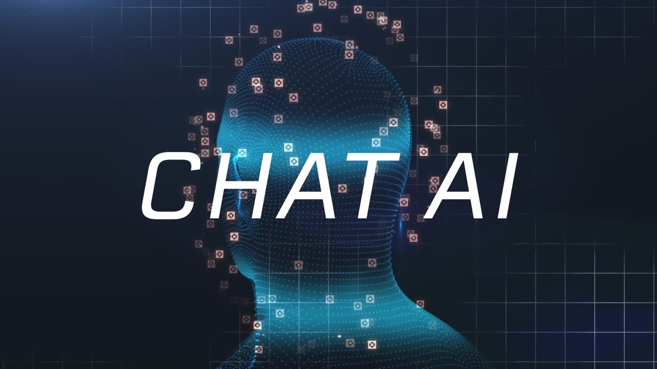 인공지능 텍스트 및 데이터 처리의 애니메이션 인간 머리 위에서